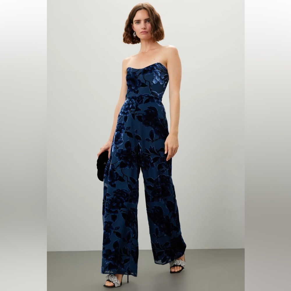 Hutch Navy Floral Strapless Velvet Wide-Leg Jumpsuit